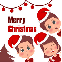 Christmas greeting card and illustration of three cute children wearing Christmas hats