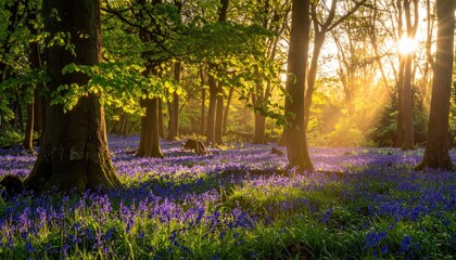 Naklejka premium Forest floor covered in blue flowers, dappled sunlight filtering through trees. Springtime serenity with vibrant color and natural beauty