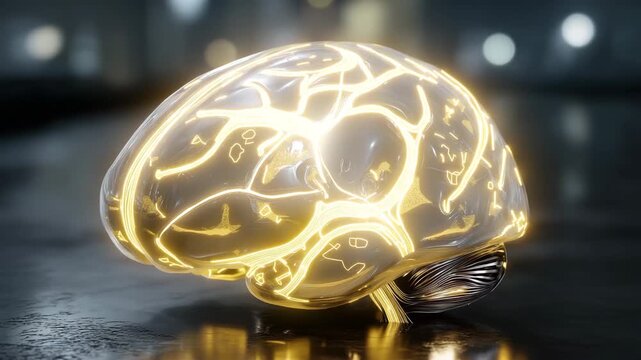 A brain is shown in a glass case. The brain is missing a large portion of its right side. Futuristic conceptual glowing AI brain fragment hovering over clean metallic surface,superintelligence labs