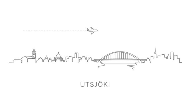 Utsjoki Finland Skyline with Bridge and Airplane Line Art