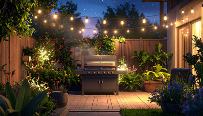 A backyard scene at night with a barbecue grill, string lights, and lush greenery.