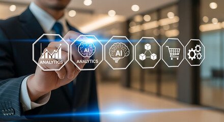 Futuristic Holographic Interface With Blockchain And Ai Icons