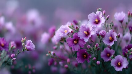 Fototapeta premium Close Up Macro Shot of Purple Wildflowers with Cinematic HDR Lighting and Blurred Background Displaying Floral Beauty and Delicate Petals