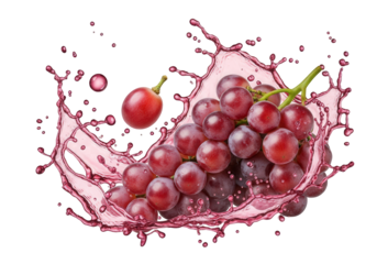 A cluster of ripe red grapes splashing into a vibrant pink liquid, creating a dynamic and refreshing splash effect, isolated on transparent background