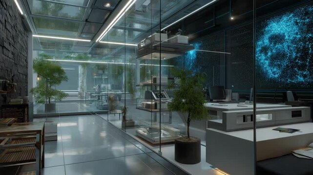 A large room with a black wall and a blue wall. There are many potted plants in the room. Futuristic AI lab with glowing neural maps displayed on glass walls, superintelligence clean sci-fi