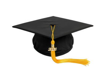 A black graduation cap with a yellow tassel and a 2016 charm, isolated on a transparent background, symbolizing academic achievement and the end of a scholastic journey