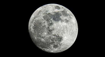 Detailed view of the full moon against a stark black background, showcasing craters