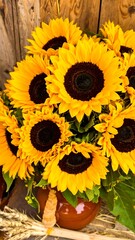 Bright sunflowers in a rustic pot