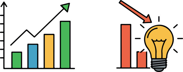 Business growth and idea generation concept with charts and light bulb.