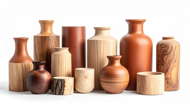 Group of assorted wooden vases and containers with varying shapes, colors, and wood grain patterns, all set against a bright white background