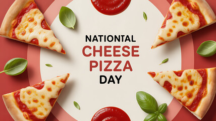 National Cheese Pizza Day celebration with slices of cheese pizza, tomato sauce, and fresh basil on a red and white background