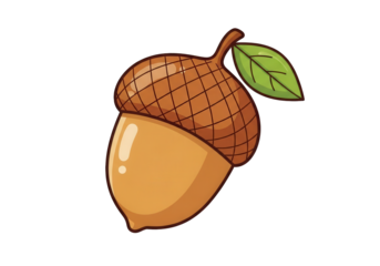 A single cartoon acorn with a green leaf attached to its stem, isolated on a transparent background