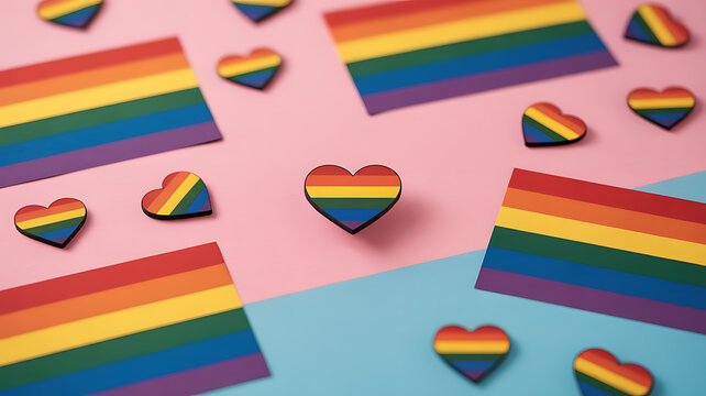 Rainbow flags and heart shapes arranged on a colorful background - Powered by Adobe