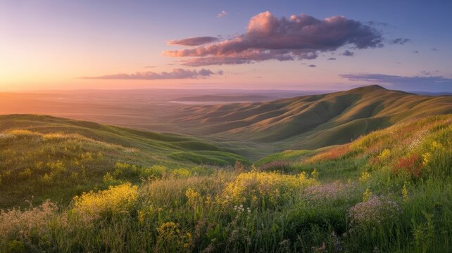 Golden sunset over rolling green hills with wildflowers in foreground, peaceful countryside nature landscape scenery
