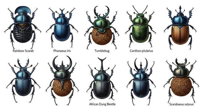 Detailed illustration of various dung beetle species, showcasing vibrant colors and intricate anatomical details against a simple white background.