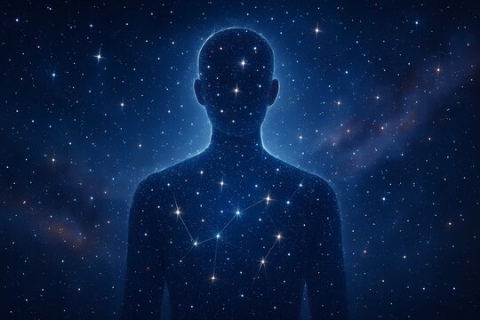 Surreal illustration of a human silhouette blended with shining stars and constellations in deep space, symbolizing optimistic nihilism, cosmic perspective, philosophy and existence.
