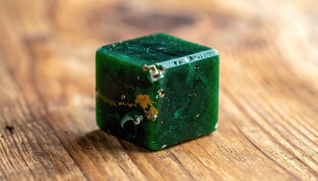 A dark green, cube-shaped polished stone with yellowish inclusions rests on a textured wood surface, creating a stark contrast in textures
