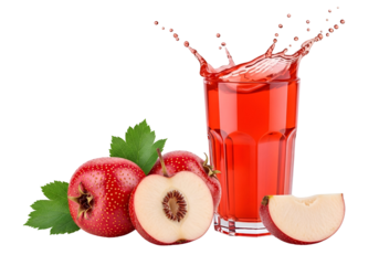 Vibrant red juice in a glass, accented by fresh fruit slices and leaves, creates a refreshing and healthy beverage image.