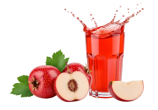 Vibrant red juice in a glass, accented by fresh fruit slices and leaves, creates a refreshing and healthy beverage image.