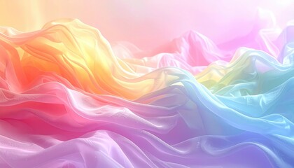 Abstract waves of flowing fabric merge pastel hues a blend of orange, pink, yellow, blue and violet colors creating soft, ethereal texture