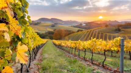 Fototapeta premium Vineyard rows glowing in autumn sunset light