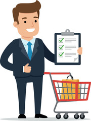 Businessman with checklist and shopping cart ready for purchases and tasks.