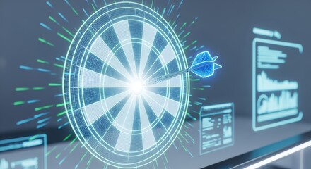 Obraz premium A glowing dartboard with a dart hitting the bullseye surrounded by digital data visualizations