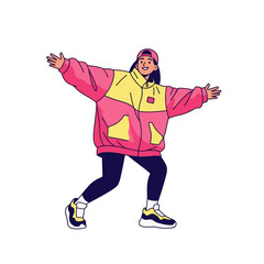 2D flat vector illustration of a gilpy teenage girl in oversized jacket and sneakers, striking a hip hop pop dance pose with bent knees and open arms.