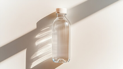 Clear plastic bottle minimalist design warm light soft shadow clean background eco friendly recyclable hydration transparent empty