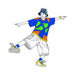 2D flat vector illustration of a gilpy teenage boy in streetwear, bucket hat and baggy shorts, performing a kick step hip hop move with one leg 