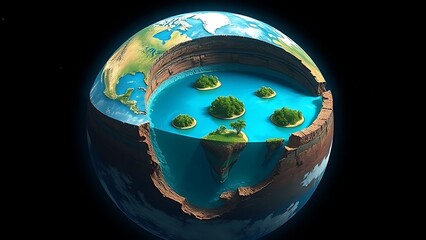 Fototapeta premium A cutaway Earth core reveals an azure ocean with floating islands, defying natural laws.