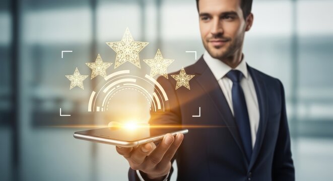Businessman holding tablet with five star rating graphic overlay in a modern office setting indoors