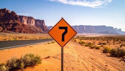 Desert road orange caution sign with a left turn arrow ahead. Red rock buttes in the distance. Clear blue sky. Arid landscape