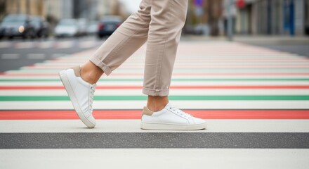 A person in beige pants and white sneakers walking on a colorful zebra crossing in an urban setting