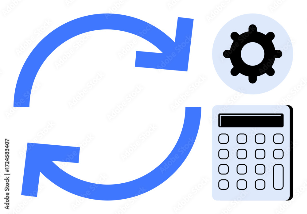 Poster circular arrows suggesting process automation, a gear representing settings, and a calculator indica