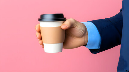 Hand coffee cup sleeve takeaway paper lid pink background suit Warm hand holding coffee cup with sleeve, takeaway paper cup with lid against pink background, business style suit sleeve visible