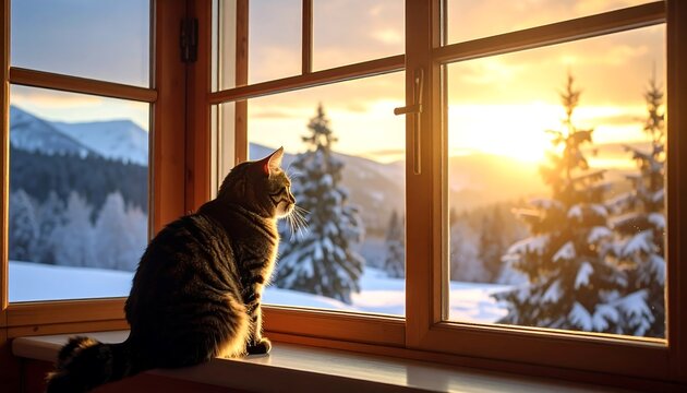 Cat gazing at winter sunset