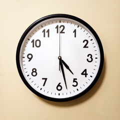 Round analog wall clock with black frame on beige background, showing the time at 4:27, captured in minimalist interior style.