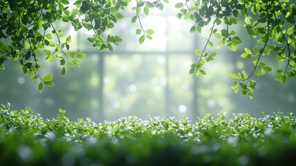 Green foliage frame with soft focus window
