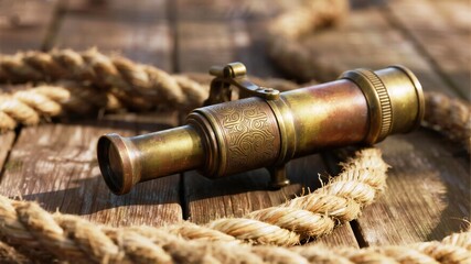 Explore new horizons with this vintage brass spyglass resting on weathered wooden planks surrounded by nautical rope, perfect for adventure themes and historical tales