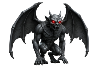 A formidable gargoyle figure with large, detailed wings and glowing red eyes, positioned against a stark black backdrop.