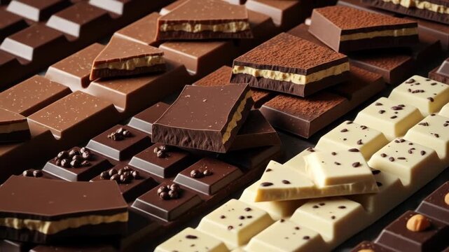 Assorted delicious chocolates bars and pieces, dark, white and milk chocolate variety, chocolate hazelnut bars. Sweet chocolate background.