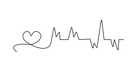 ECG Heartbeat Line Art, Continuous Electrocardiogram Wave Connected with Heart Symbol, Medical Pulse Line Drawing, Cardiology Healthcare Vector Design