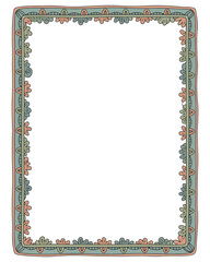 Elegant hand drawn rectangular border with floral decorations in soft pastel colors