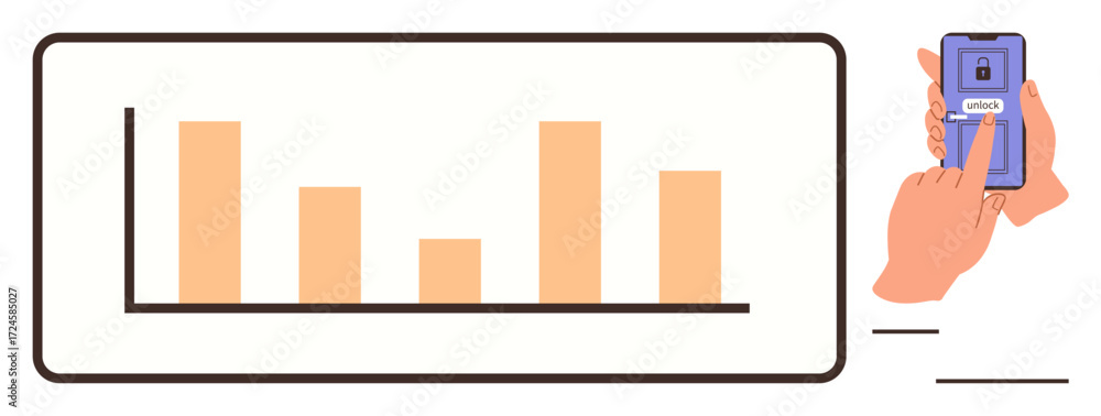 Aufkleber bar graph visualization with varying column heights beside a hand unlocking a phone via touchscreen.