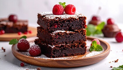 Three rich, dark chocolate brownies are stacked on a round wooden plate, adorned with raspberries, mint, and powdered sugar topping