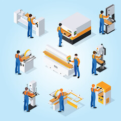 Isometric Man Operating Woodworking Machinery in a Manufacturing Workshop Illustration