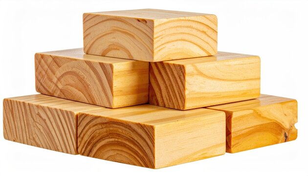 Stack of six light-toned, rectangular wood blocks with varied grain patterns, arranged in a pyramid shape against a white background