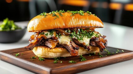 Closeup of a delicious Philly cheesesteak sandwich on a wooden board.