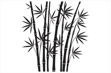 Obraz premium Bamboo silhouettes vector illustration, traditional Asian plant design, black bamboo stalks and leaves, natural tropical element, decorative eco friendly bamboo bundle icons on white background